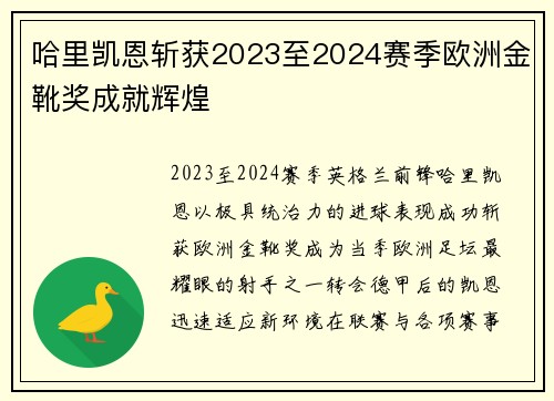 哈里凯恩斩获2023至2024赛季欧洲金靴奖成就辉煌